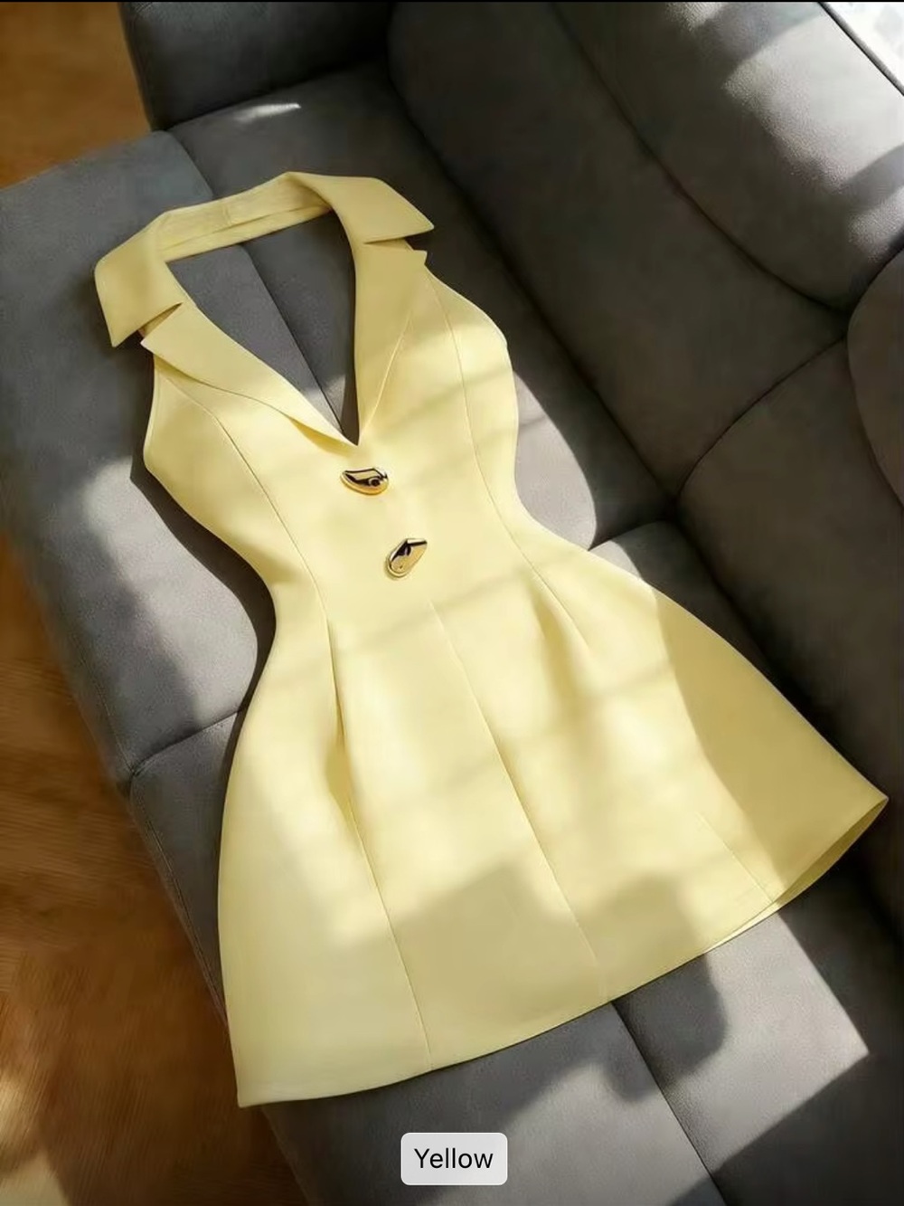 Aloruh Women's Elegant Light Yellow Halter Tie Mini Dress